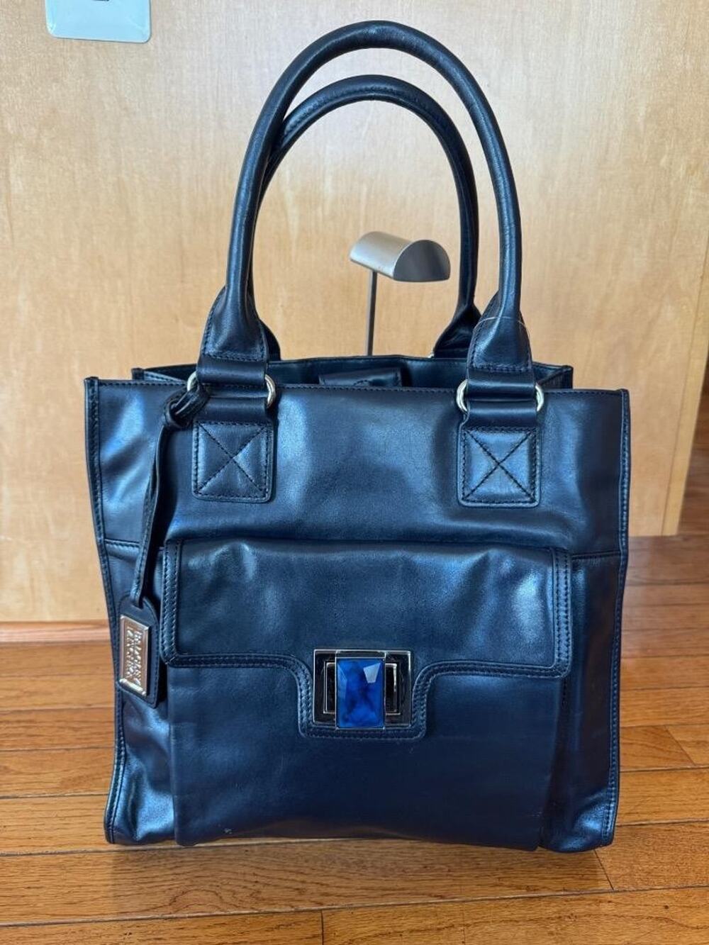 Badgley Mischka Petra Italian Black Leather Crystal Turnlock Pocket Large (3000